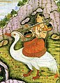 Ca. 1700. Saraswati riding a white bird and holding a northern style bīn (rudra vīnā). The instrument is depicted with four strings.