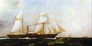 Painting depicting a two-masted, side-wheel steamer in full sail plowing through choppy seas with other ships in the distance