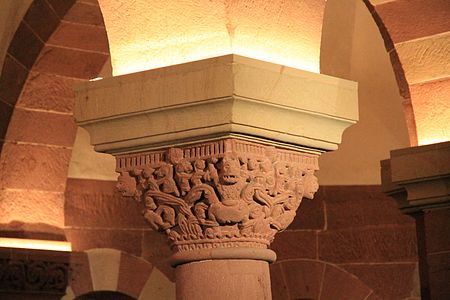 Capital of a crypt column, with monsters