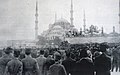Public demonstration in Istanbul on 23 May 1919 in protest of the Occupation of İzmir, with Sultanahmet Mosque in the background.