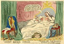 A colorful cartoon depicting a woman sitting up in bed while a man sleeps besides her.