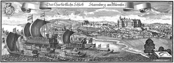 Starnberg Castle and the fleet of magnificent ships, led by the Bucentaurus, a copy of the ship of the Doges of Venice (around 1700).