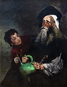 Oil painting depicting an old blind manholdng a green jar. A boy watches him while he inserts a can into the jar.