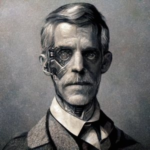 A mostly black-and-white image of a cyborg version of Oliver Wendell Holmes, Jr.