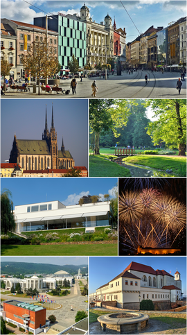 Clockwise from top: Liberty Square; Lužánky Park; Ignis Brunensis; Špilberk Castle; Brno Exhibition Centre; Villa Tugendhat; and Cathedral of St. Peter and Paul