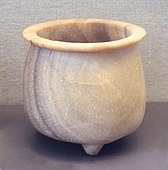 Calcite tripod vase, mid-Euphrates, probably from Tell Buqras, 6000 BC, Louvre Museum AO 31551.[24]