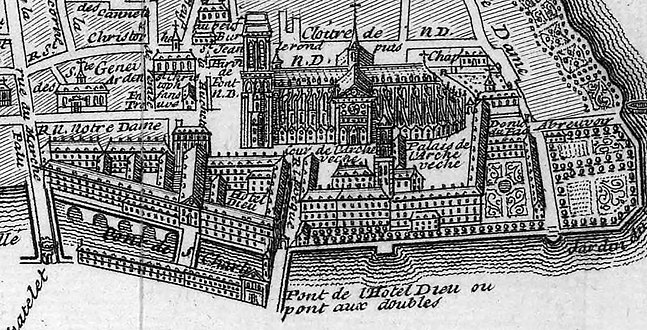 The parvis (left of center), pictured about 1711, still maintained much of its medieval size and shape.