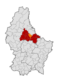 Map of Luxembourg with Diekirch highlighted in orange, and the canton in dark red