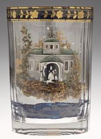 Novelty Russian tumbler; the glass has two layers, and the gap has the landscape image built up with moss, straw, paper, sand, stone, clay and mica, as well as painted enamel, 1800–10