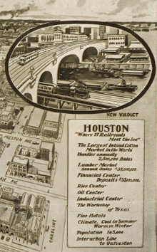 Inset from 1912 Houston map with the caption. After 1900, Houston replaced Galveston as the main regional transportation hub.