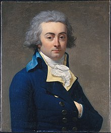 Painting of a man in a blue coat, his left hand inside it.