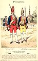 Offizier und Grenadier des 1. Bataillons und Flügelgrenadier des 2. oder 3. Bataillons (v. l. n. r.); kolorierte Lithographie von Richard Knötel um 1891