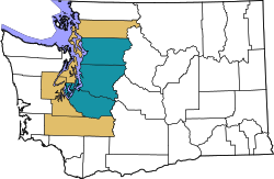 Map of Washington state with the Seattle metropolitan area and combined statistical area highlighted