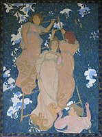 The Ladder in the Foliage by Maurice Denis (1892), canvas on a wood panel, made for the ceiling of the home of art patron Henry Lerolle. The same woman on the ladder is seen from four points of view.