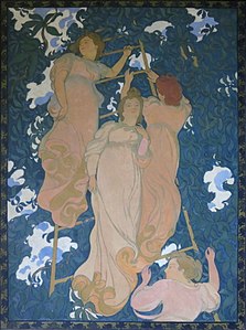 The Ladder in the foliage by Maurice Denis (1892), canvas on a wood panel, made for the ceiling of the home of art patron Henry Lerolle. The same woman on the ladder is seen from four points of view.