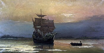 Mayflower in Plymouth Harbor, by William Halsall, 1882.