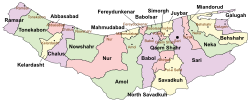 Location of Nur County in Mazandaran province (center left, pink)
