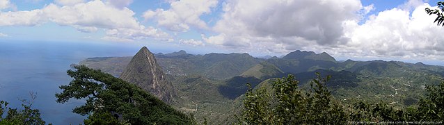 Panorama View from the top of Gros Piton, looking north. Gives a view of the Petit Piton and northern St. Lucia.