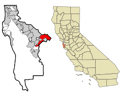 Location of Menlo Park in San Mateo County (left) and of San Mateo County in California (right)