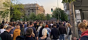 Demonstrators protesting in the Kneza Miloša Street, Belgrade on 19 May 2023