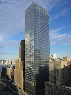 The glass facade of 7 World Trade Center, a skyscraper in New York's World Trade Center