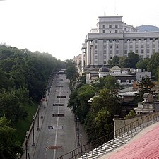 Hrushevskoho Street, Lypky's central street viewed uphill, with Cabinet of Ministers of Ukraine building seen on right background