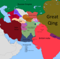 Qajar Iran (1789–1925 AD), Principality of Herat (1793–1863 AD), Russian Empire (1721–1917 AD), Khanate of Khiva (1511–1920 AD), Emirate of Bukhara (1785–1920 AD), Khanate of Kokand (1709–1876 AD), Emirate of Afghanistan (1823–1926 AD), Khanate of Kalat (1512–1955 AD) and British Raj (1858–1947 AD) in 1860 AD.