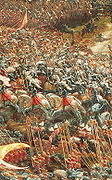 A conglomeration of armoured men with spears on horses