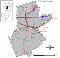 Location of Bound Brook in Somerset County highlighted in yellow (right). Inset map: Location of Somerset County in New Jersey highlighted in black (left).