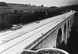 Bridge over the Saale between Hirschberg, Thuringia and Rudolphstein, Upper Franconia, with viewing platform visible in foreground