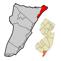 Location of Ocean City in Cape May County highlighted in red (left). Inset map: Location of Cape May County in New Jersey highlighted in orange (right).