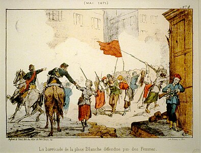 Commune barricade with female soldiers at Place Blanche