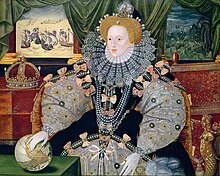 Portrait of Elizabeth I with view of English ships on left and destroyed Spanish ships on right