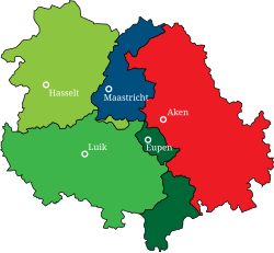 Map of the Meuse-Rhine Euregion showing the Region of Aachen (red); the southern part of Dutch Limburg (blue); Belgian Limburg (light green); Liège Province (mid-green); and the German-speaking Community of Belgium (dark green).