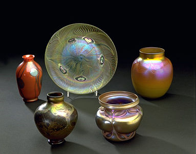 Examples of iridescent Favrile glass by Louis Comfort Tiffany (1896–1902) (Victoria and Albert Museum, London)