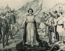 Poster showing a female figure holding up a banner, surrounded by cheering crowds