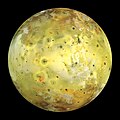 Image 12 Io Photo: NASA A true-color image of Io, one of the moons of Jupiter, taken by the Galileo spacecraft. The dark spot just left of the center is the erupting volcano Prometheus. The whitish plains on either side of it are coated with volcanically deposited sulfur dioxide frost, whereas the yellower regions contain a higher proportion of sulfur. More selected pictures