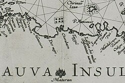 Map of Java from 1598 by Joannes van Doetecum the Elder, showing the city of Cirebon (Charabaon) with a flag on top of it.