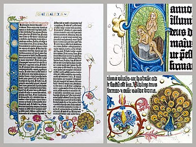 Eine Prachtseite aus der Gutenberg-Bibel: Genisis. Sie wurde auf handgeschöpftem Papier gedruckt und von Hand mit Illustrationen und Blattgold verziert.
