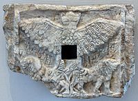 Votive relief of Ur-Nanshe, king of Lagash, representing the bird-god Anzû (or Im-dugud) as a lion-headed eagle. Alabaster, Early Dynastic III (2550–2500 BC). Found in Telloh, ancient city of Girsu.