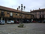 Cars parked in Saldaña's old town square, the Plaza Vieja. Cars will be forbidden in the square after a renovation that began in September, 2019 is completed.[8]