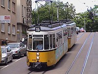 Tram line 15 in the Haußmannstraße. The model GT4 was operated from 1959 to 2007.