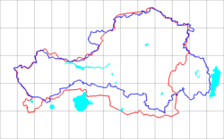 Blue line is the early border of the TPR Red line is the Tuvan Autonomous Oblast border
