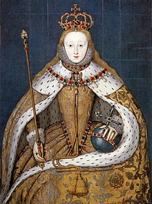 Coronation portrait of Elizabeth I in a gold robe trimmed with ermine. She wears a crown and holds a gold sceptre in her right hand and a blue orb in her left.