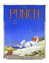 Magazine cover with comic drawing of Mr Punch, lying on a sandy beach under a clear blue sky, his pug-like dog sitting watching him. Mr Punch is watching two butterflies, overhead