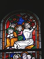 Hand with halo in 13th century stained glass of the Agony in the Garden