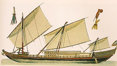 Iranun lanong with three tanja sails on a combination of single and tripod masts