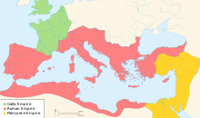 A map of the Gallic Empire in 271 AD, showing the core territory of the Gallic Empire, composed of Gaul and Britannia, the Palmyrene Empire, composed of Egypt and the Levant, and the Roman Empire, composed of the territories between, bordered on the north by the Danube, and Hispania, unconnected by land