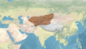The Chagatai Khanate, with contemporary polities circa 1300, before the expansion of the Timurid Empire into Transoxonia from 1363.[1]