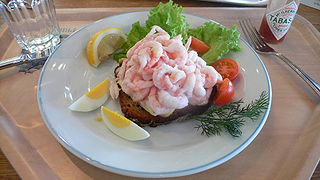 Scandinavian räksmörgås (open faced shrimp sandwich) in Stockholm.